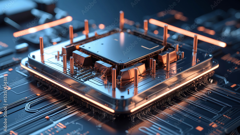 Poster modern electronic component with intricate circuitry and futuristic design in macro photography