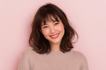 Fototapeta premium A smiling Japanese woman, wearing pastel pink cloth, expresses joy in her portrait, complemented by a white background that creates an inviting mood.