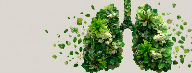 Fototapeta premium Human lungs are made with fresh green plant leaves on white background. Minimal coronavirus or pneumonia concept. Green, world health or environment day and ecology concept.banner, Generative AI