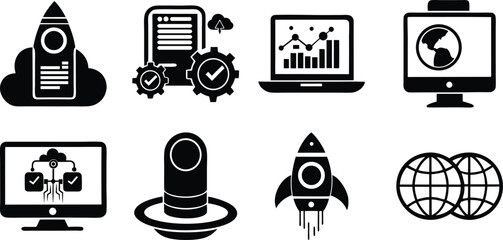 Business network vector icon set for corporate communication finance global digital and online strategy