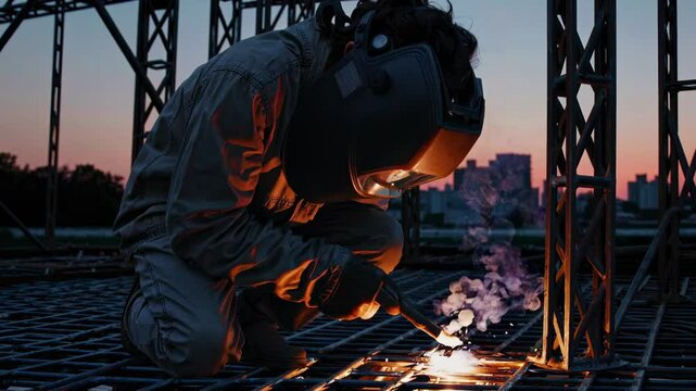 Welding at sunset on metal trusses