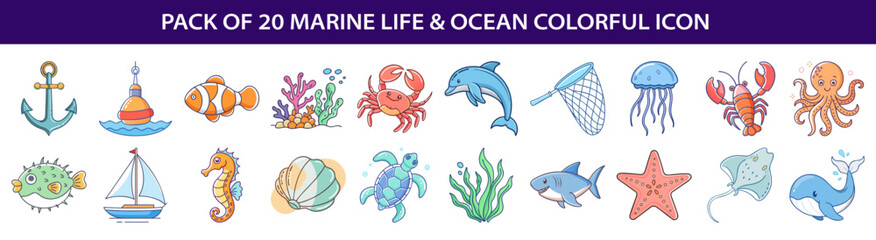 Cartoon Marine Life and Ocean Icon Set with Various Aquatic Animals