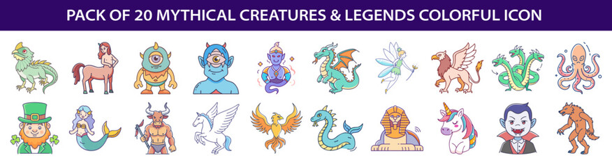 Collection of twenty colorful icons featuring various mythical creatures and legends