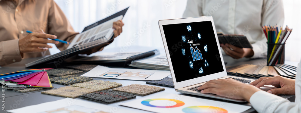 Poster cost reduction, cost saving concept shown on computer screen brisk, corporate business efficiently s