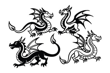 Six Black Dragons Vector Illustration Traditional Style 1