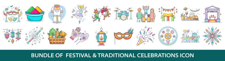 Colorful Icon Set Featuring Twenty Unique Festival and Traditional Celebration Designs
