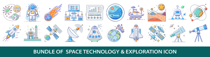 A diverse collection of 20 space exploration and technology themed vector icons