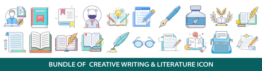 A colorful icon set representing creative writing and literature elements and concepts