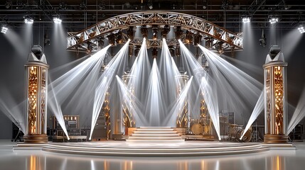 Elegant Stage Design with Golden Accents and Dramatic Lighting for a Theatrical Performance Venue