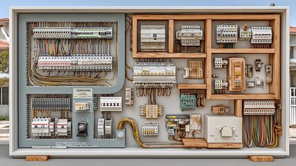 Detailed Electrical Panel with Intricate Wiring and Wood Framing A Showcase of Precision and Complexity in Electrical Engineering