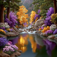 A Colorful Autumn River Scenery with Blooming Flowers and Shining Reflections a Peaceful Nature Retreat with Majestic Trees
