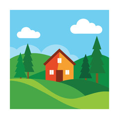 Fototapeta premium Countryside House with Hills and Trees Drawing
