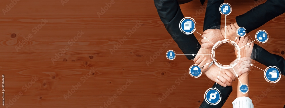 Aufkleber a visual representation of teamwork and collaboration featuring hands connecting around technology i