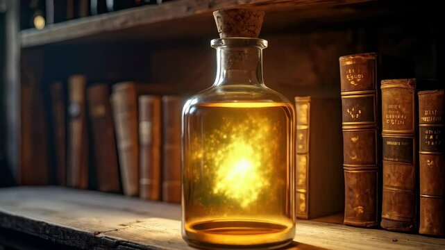 Ancient potion bottle with magical golden light on wooden shelf surrounded by old books in rustic home