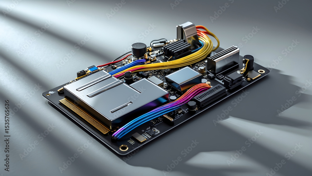 Poster detailed macro shot of modern circuit board technology in an abstract technological display
