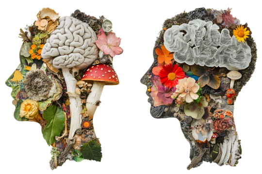 Vector realistic bubbles on a transparent background - Collage of a human head, brain, and mushroom on a transparent background