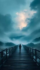 Fototapeta premium Tranquil Sunrise Walk Across a Misty Wooden Bridge