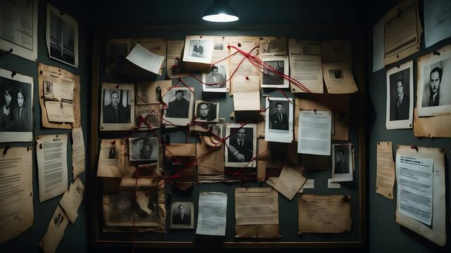 Mystery Board with Old Photos and Papers Connected by Red String Under Dim Light in Dark Room
