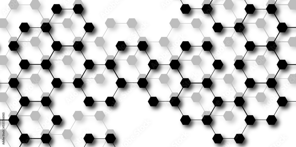 Poster abstract vector design with interconnected black-outlined hexagons. honeycomb-like pattern on white 