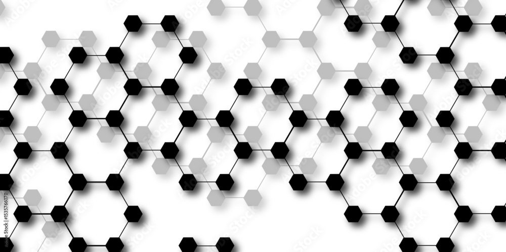 Poster abstract vector design with interconnected black-outlined hexagons. honeycomb-like pattern on white 