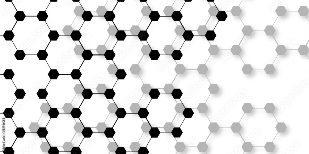 Poster abstract vector design with interconnected black-outlined hexagons. honeycomb-like pattern on white 