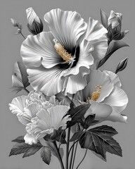 Elegant Hibiscus Arrangement A Study in Monochrome Floral Artistry with a Touch of Golden Stamen Glimmer