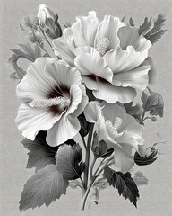 Monochromatic Floral Artistry A Captivating Arrangement of Hibiscus Blossoms and Foliage Evoking a Sense of Serenity and Gracefulness