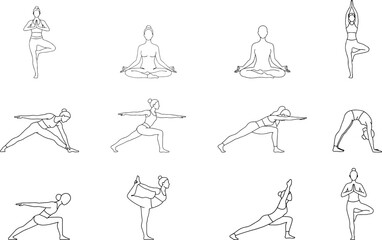 yoga poses art illustration vector outline isolated meditation male female fitness for beginner