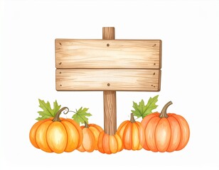 Colorful pumpkins gather around a blank wooden sign in a festive autumn setting for seasonal celebrations and decorations