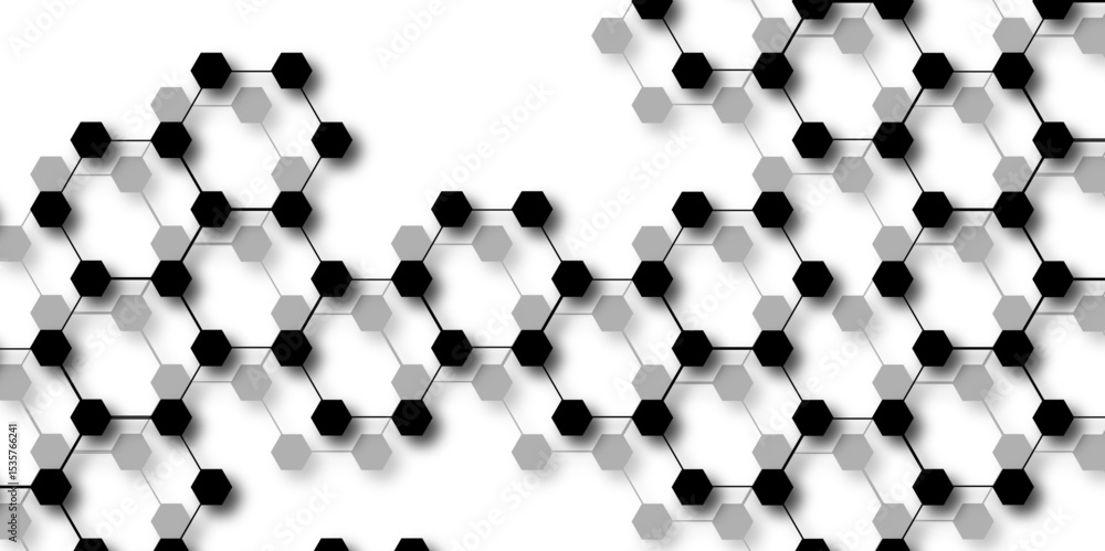 Poster abstract vector design with interconnected black-outlined hexagons. honeycomb-like pattern on white 