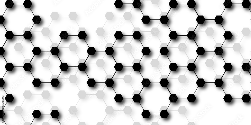 Poster abstract vector design with interconnected black-outlined hexagons. honeycomb-like pattern on white 
