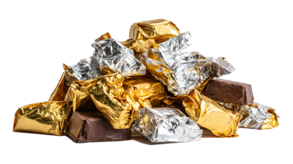 a pile of crumpled golden foil, brown chocolate bar,s and silver foil wrappers