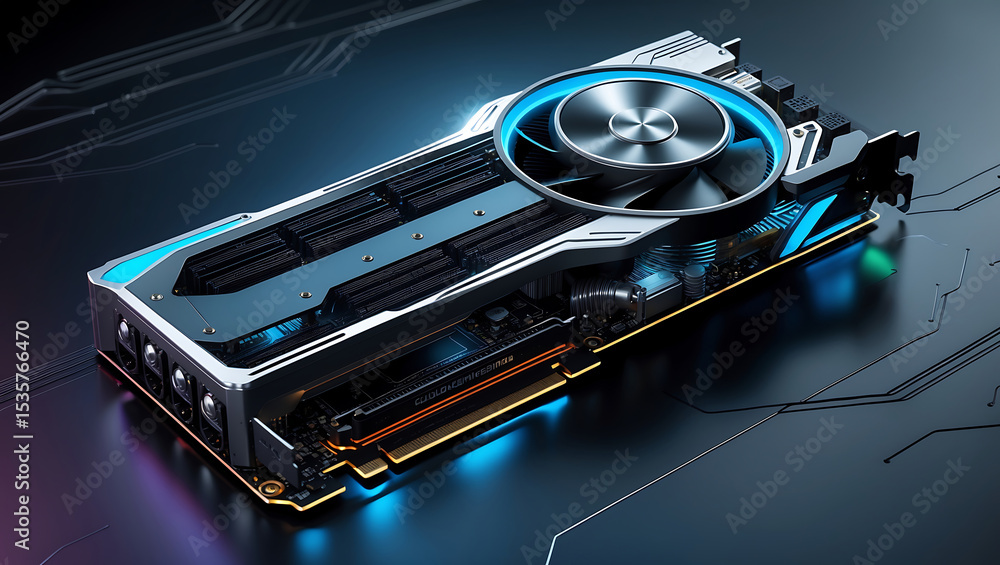 Poster high performance graphics card on illuminated circuit board depicting modern computer technology