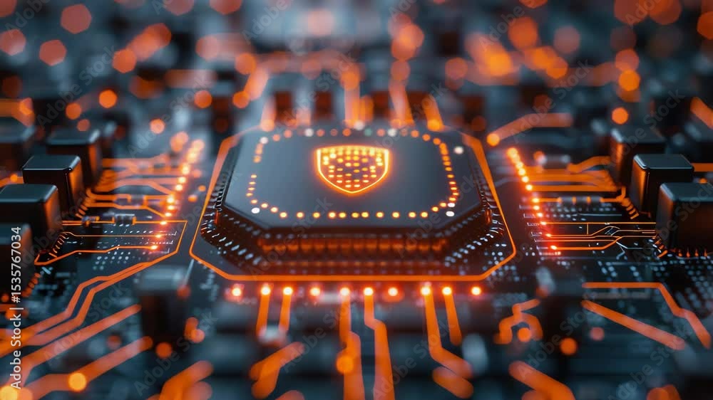 Poster cybersecurity shield on glowing circuit board. digital security system protects data and information