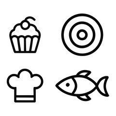Food and Cooking Line Icons – Cupcake, Chef Hat, Fish, Target Symbols 