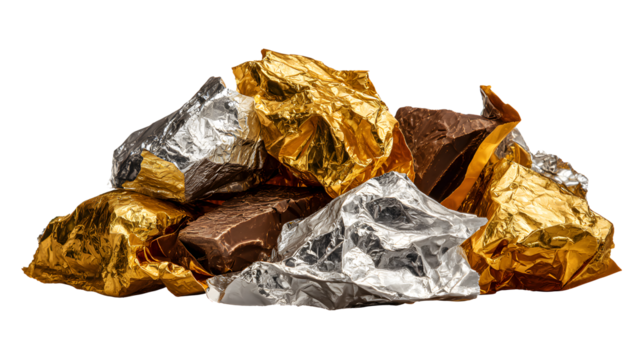 a pile of crumpled golden foil, brown chocolate bar,s and silver foil wrappers