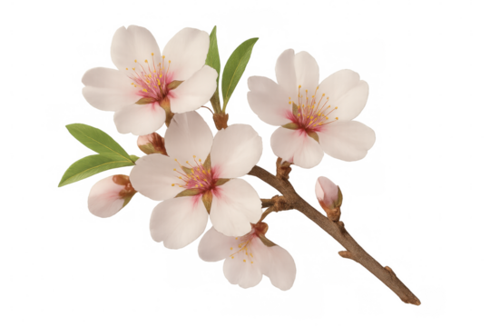 Almond branch with delicate pink flowers blooming, isolated on transparent background, perfect for spring designs