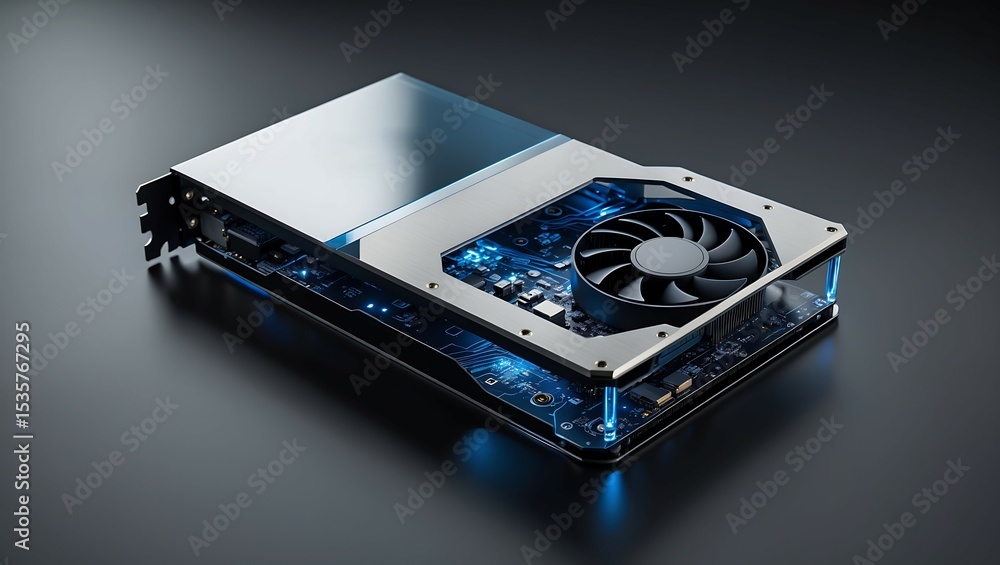 Poster modern graphics card detailed rendering with illuminated circuitry and cooling fan