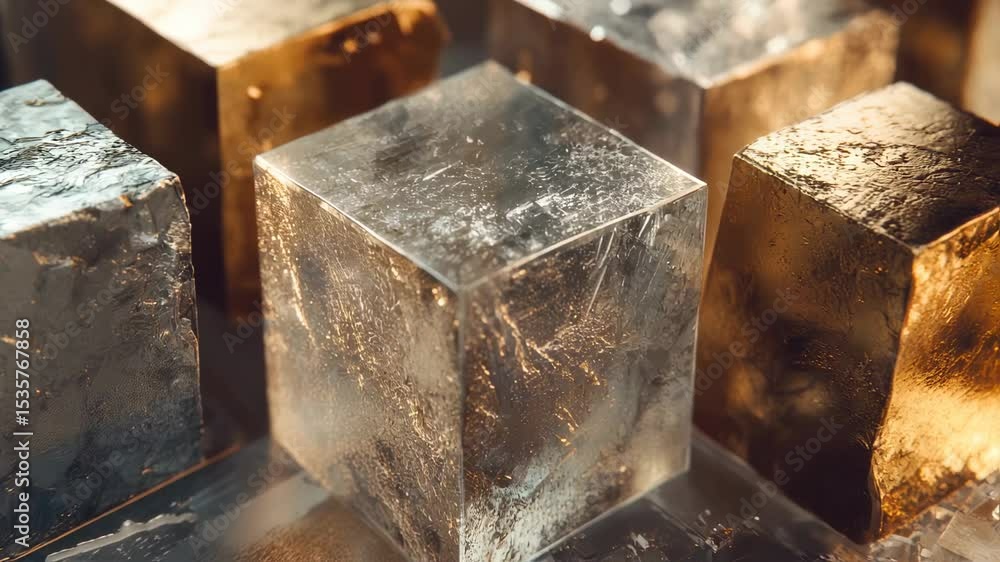 Poster metallic cubes in geometric harmony: a collection of precisely formed metallic cubes arranged in a c