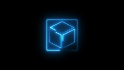 A neon cube shape icon isolate on a black background. 3d cube Geometric portal with simple futurism. Animation of cube frame over neon effect 3d square box stroke icon. Square box with bright. - Powered by Adobe