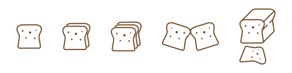 Toast bread linear icons set isolated on transparent background. Bread slices line icons. Toast bread slices vector illustration. Editable stroke.