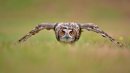 Obraz premium Low angle view of a short eared owl in flight
