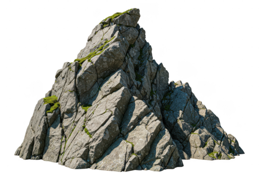 Jagged gray rock formation with patches of green moss, isolated on transparent background