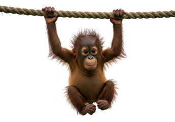 Playful baby orangutan hanging from a rope, isolated on transparent background