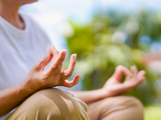Closeup hand yoga poses lotus meditation mental health care, fitness activity people exercise...