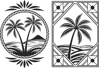 Monochrome Silhouette Designs of Tropical Palm Trees in Circular and Rectangular Frames a Glimpse of Island Paradise and Artistic Expression with Coastal Vibes