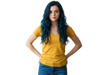 A confident woman with teal hair, isolated on transparent background, poses in yellow shirt and jeans