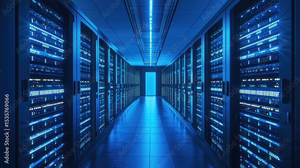 Poster Modern data center with rows of illuminated server racks and bright blue lighting, perfect for illustrating cloud computing, cybersecurity, digital storage, or IT infrastructure concepts