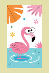 Cartoon Flamingo Standing in Water with Tropical Plants and Flowers in the Background Cute and Colorful Design for Children s Illustration