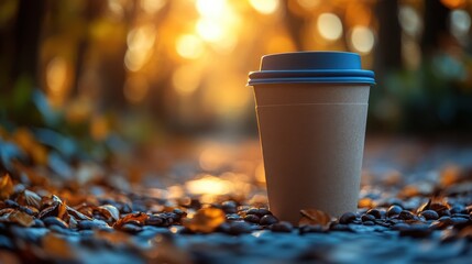 Autumn Coffee Break Disposable Cup on Coffee Beans and Fall Leaves